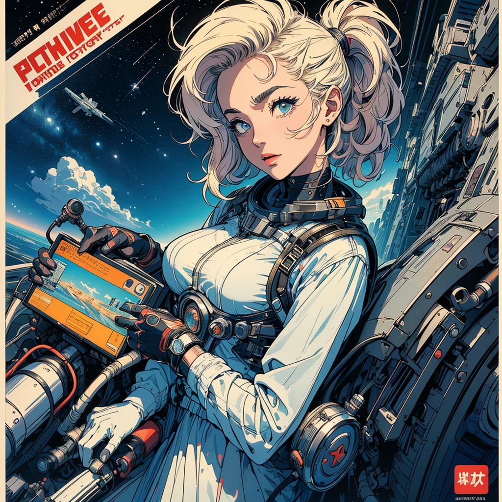 (((highest quality))),masterpiece,1 woman,((the perfect person)),((Super beautiful woman)),detailed perfect face,retro,vintage,classic,60's,70's,80's,old movie posters,abstract,((スペーススリラーmovie poster)),(Futuristic),Geometric pattern,very delicate,movie poster_white frame,universe,Milky Way,planet,,propaganda,universe飛行士,breast enhancement,simple,big breasts,cleavage,
