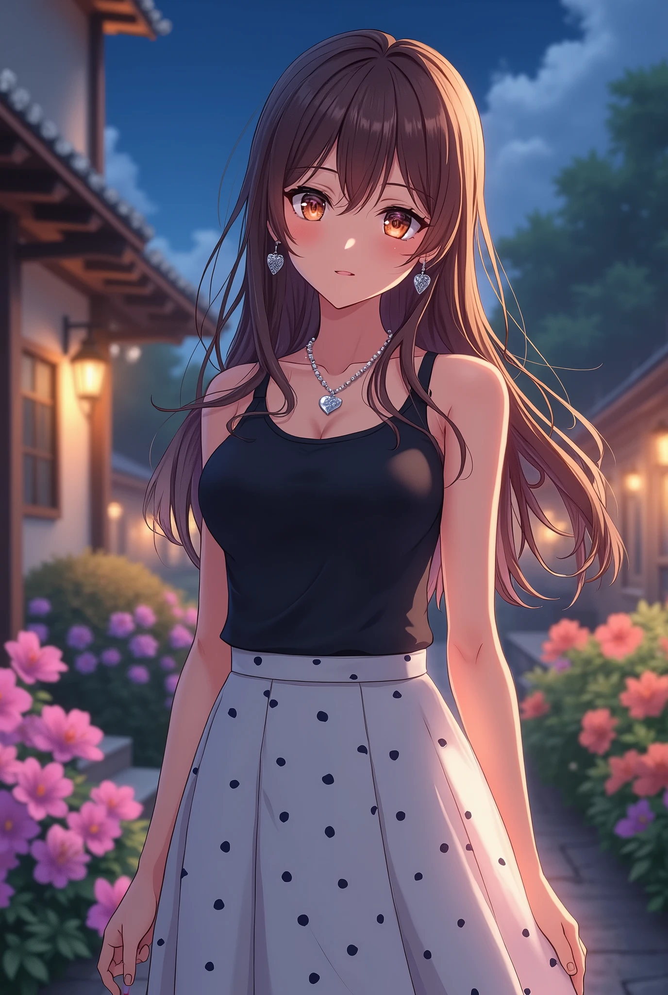 ( top quality 、 8k 、masterpiece、 High Definition )、Anime young and lovely lady 、 plump breasts 、 and her clavicles are smooth and inconspicuous 、 slender beauty 、( medium brown hair 、 My hair is fluttering in the wind、flow backwards)、  full body shot  、 ( beautiful face, beautiful eyes,Beautiful Nose,Pretty lips)、( Stephanie Hoove earrings 、 silver heart necklace )、((Black tops、 white and monochrome dot long skirt(Ankle Length))、 Her mouth opens slightly 、A smile comes to mind.、A lovely pose、 outdoors on the street at night、(Flowers blooming in a Western-style garden々)、 colorful flowers、 bright colors 、 staring at the camera、  Professional Lighting 、  PROFESSIONAL PHOTOGRAPHER  、