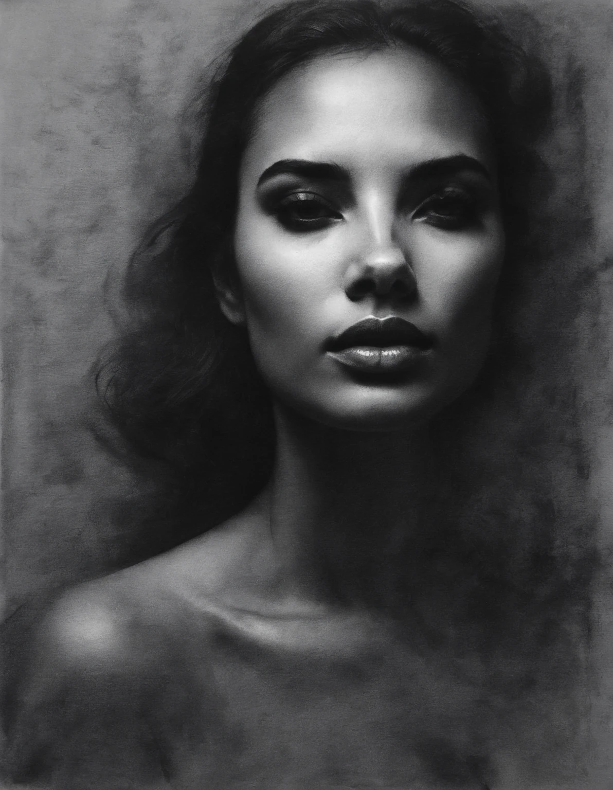 charcoal drawing minimal moody portrait of a beautiful model emerging from the shadows