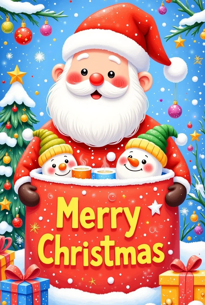 a happy santa claus in a candy cane, cute snowmen, colorful scarves, exaggerated expressions and poses, festive christmas atmosphere, snowy winter landscape, 8k, highly detailed, cinematic lighting, vibrant colors, warm color palette, photorealistic, digital art, christmas poster