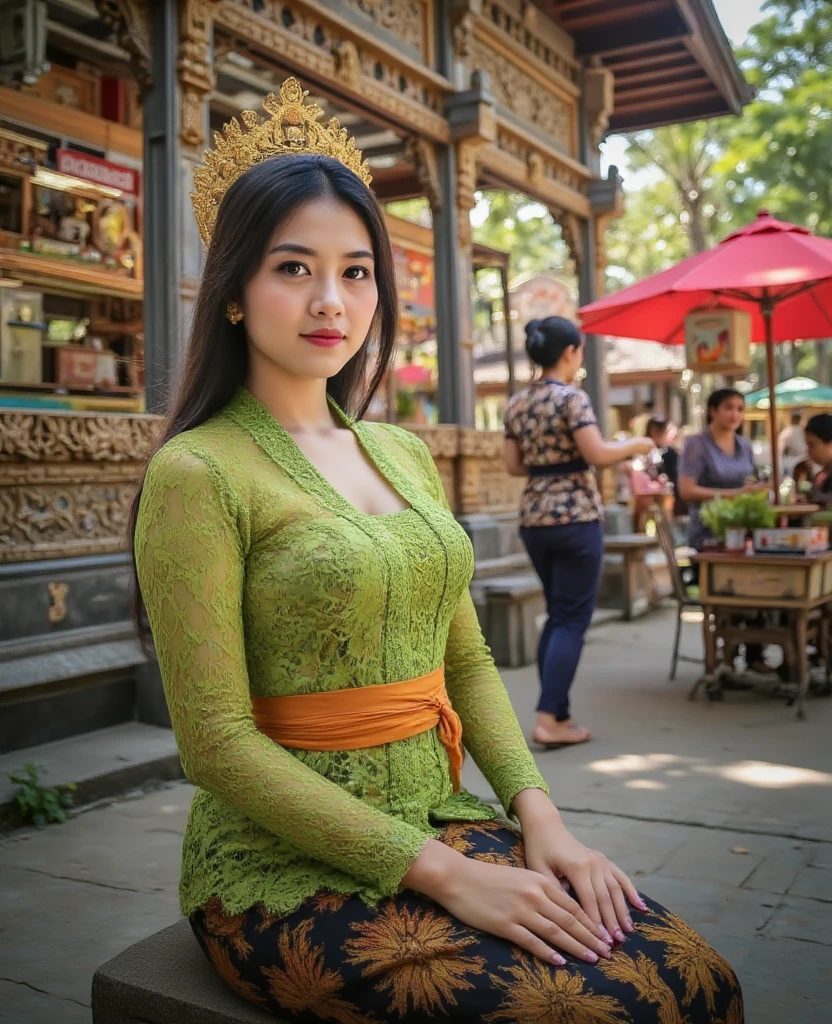 An Indonesian woman wearing a green kebaya and wearing a Majapahit crown sits outside an Indonesian coffee shop crowded with shoppers 