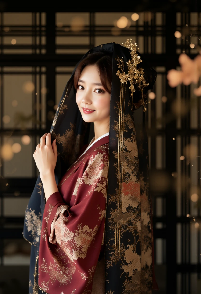 A stunning portrait of a beautiful japanese woman.half body-shot,She wears a wine red kimno-like dress with black and white cloud patterns and on it and a dark-blue transparent oversized veil that has vivid and intricate golden Japanese embroidery and pattern ,pulled deeply over her head the veil background : black serene simple-wall with artistic japanese patter and light-effects on it.

she is gently smiling with tilted head.