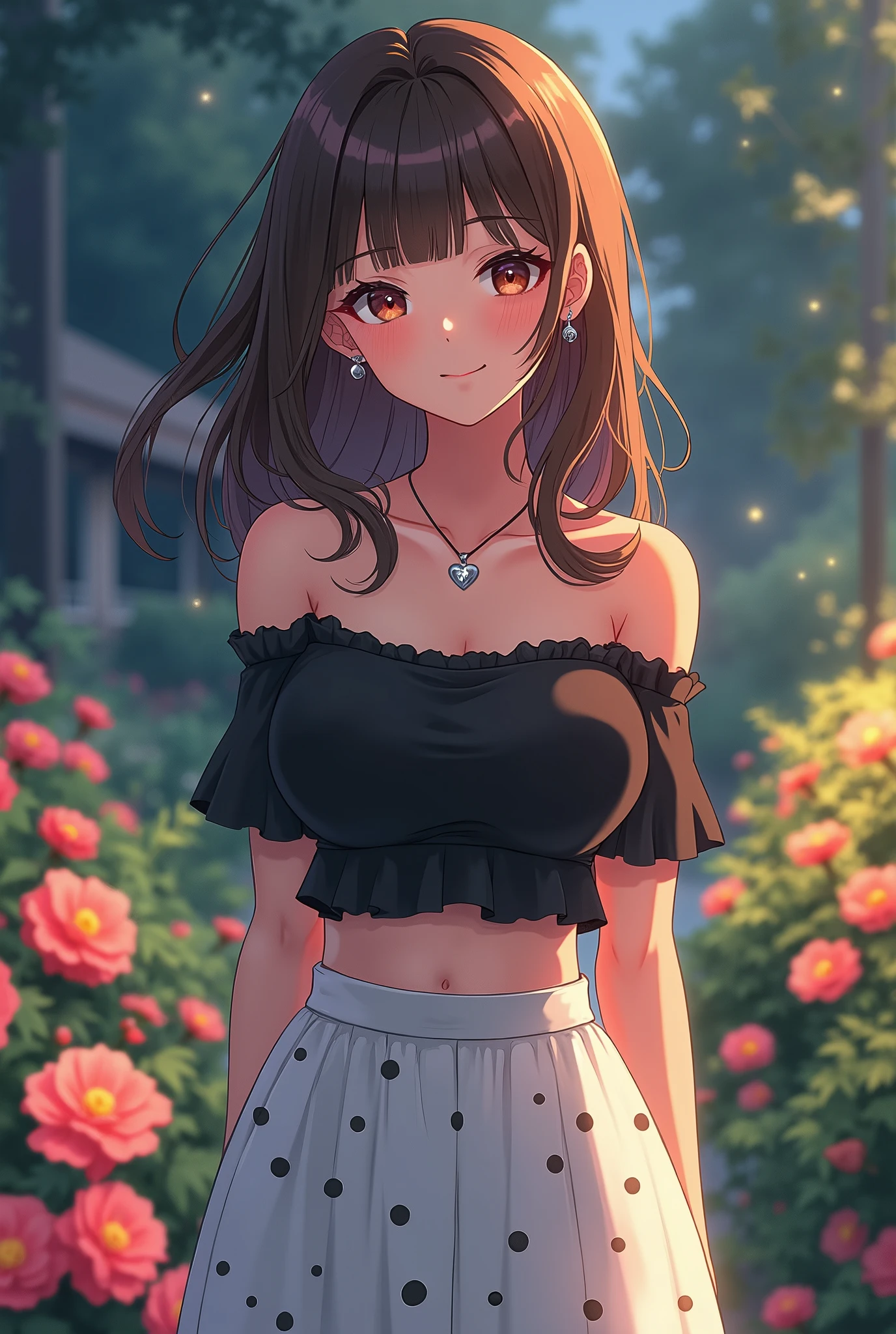 ( top quality 、 8k 、masterpiece、 High Definition )、Anime young and lovely lady 、 plump breasts 、 and her clavicles are smooth and inconspicuous 、 slender beauty 、( medium brown hair 、 My hair is fluttering in the wind、flow backwards)、  full body shot  、 ( beautiful face, beautiful eyes,Beautiful Nose,Pretty lips)、( Stephanie Hoove earrings 、 silver heart necklace )、((Black tops、 white and monochrome dot long skirt(Ankle Length))、 Her mouth opens slightly 、A smile comes to mind.、A lovely pose、 outdoors on the street at night、(Flowers blooming in a Western-style garden々)、 colorful flowers、 bright colors 、 staring at the camera、  Professional Lighting 、  PROFESSIONAL PHOTOGRAPHER  、 anime style , 