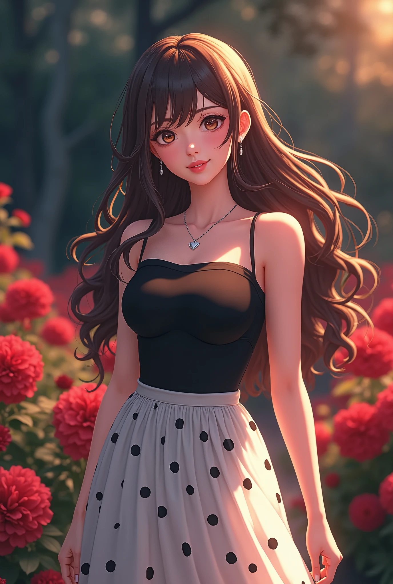 ( top quality 、 8k 、masterpiece、 High Definition )、Anime young and lovely lady 、 plump breasts 、 and her clavicles are smooth and inconspicuous 、 slender beauty 、( medium brown hair 、 My hair is fluttering in the wind、flow backwards)、  full body shot  、 ( beautiful face, beautiful eyes,Beautiful Nose,Pretty lips)、( Stephanie Hoove earrings 、 silver heart necklace )、((Black tops、 white and monochrome dot long skirt(Ankle Length))、 Her mouth opens slightly 、A smile comes to mind.、A lovely pose、 outdoors on the street at night、(Flowers blooming in a Western-style garden々)、 colorful flowers、 bright colors 、Red stands out、 staring at the camera、  Professional Lighting 、  PROFESSIONAL PHOTOGRAPHER  、 CG in detail、