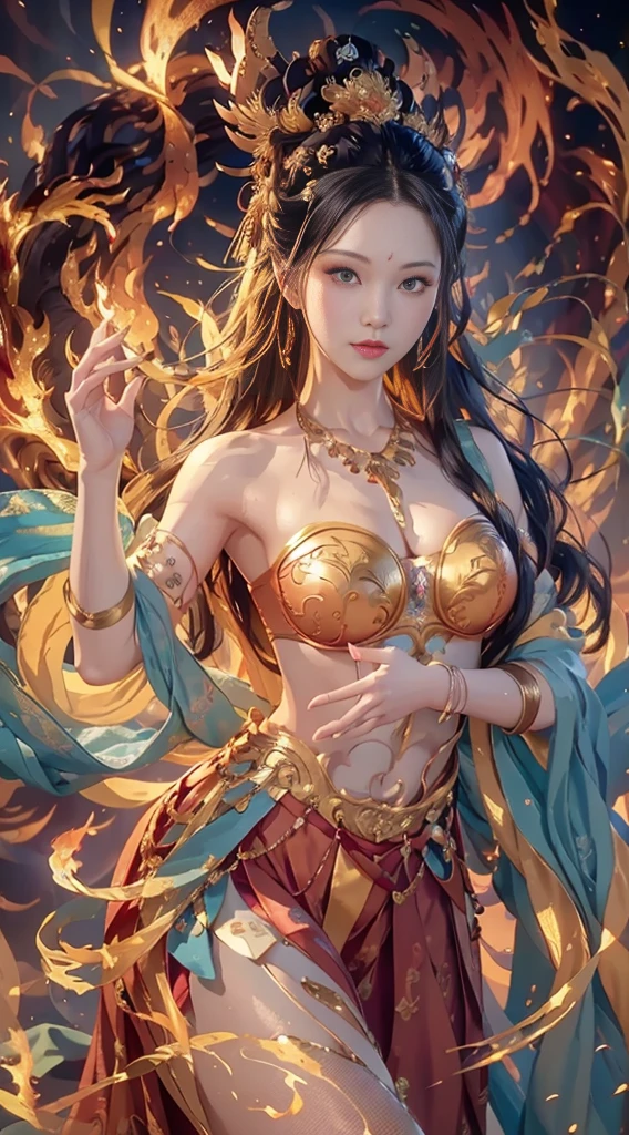 (Fullbody shot:1.1),(RAW photo, Best quality), (Realistic, photo-realistic:1.3), Highly detailed, Ultra-detailed, Small bra B cups，1girll, beautiful face, high detailed face, smile, Dancing, Flame in her hand, Phoenix flame bird in background, Dynamic Angle, world mastery theater, Messy_Long_Hair, extremely detailed CG unity 8k wallpaper, ink, astounding, lenlare, dunhuang_Style, (big breasts beautiful+fanciful), (8k wallpaper:1.2+8k wallpaper:1.1), (art-style+art work) Perfect facial features, Super realistic, illustration, surrealism, cubismo, Best quality, Masterpiece, Best quality, High details, (2-legs,2-hand,5-finger in each hand)