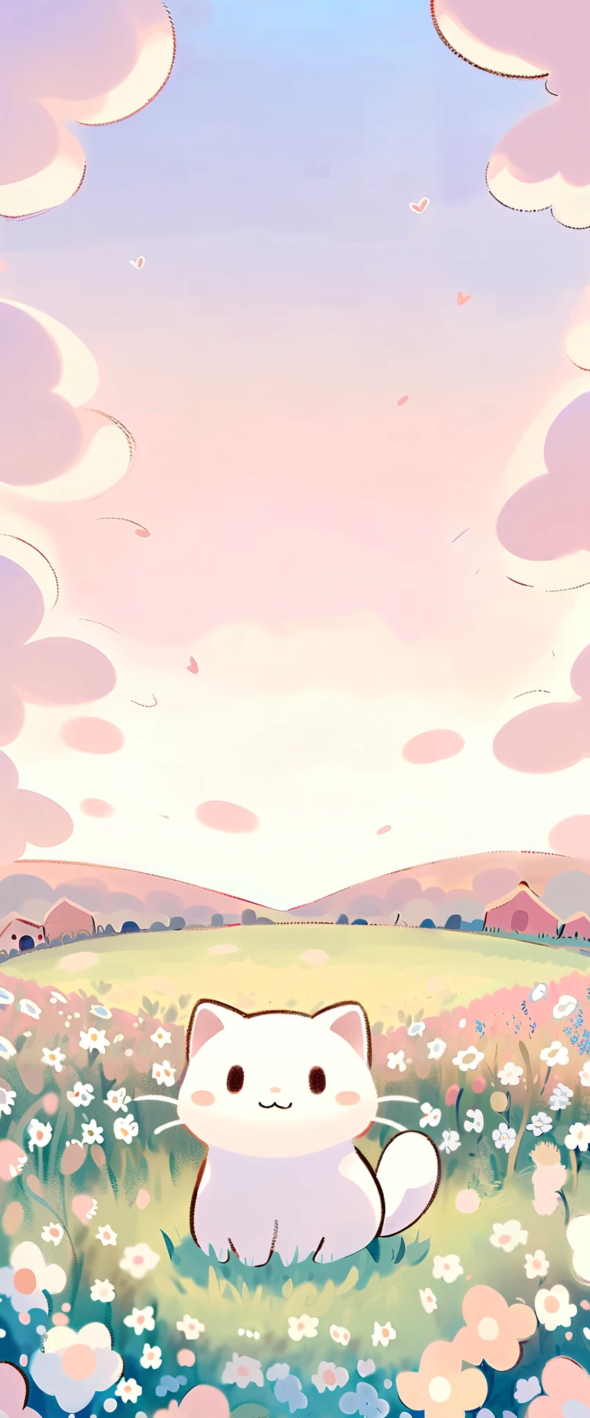 cartoon cat and kittens In a field of flowers with a sky background, Animated visual of cute cats, Kawaii cat, Cute cat, Lovely artwork, sitting In a field of flowers, In a field of flowers, Cute anime, Soft anime illustration, by Eizan This is a gift, Illustration of two cats, Anime cat, background is heavenly，Blue sky and white clouds，landscape ,Scottish folding cat. lakeside, wildflowers, There are houses in the distance. Dreamy