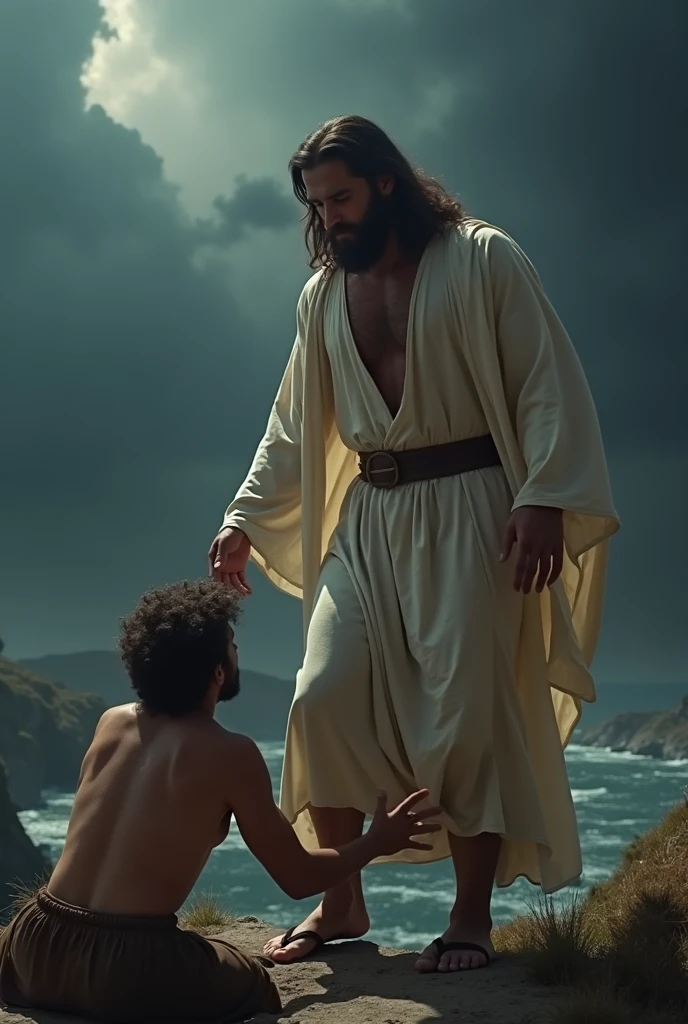 Jesus holding a man's hand so he wouldn't throw himself off a cliff