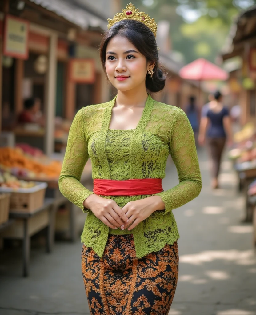 An Indonesian woman wearing a green kebaya and wearing a Majapahit crown walks in a traditional Indonesian market crowded with sellers and buyers.