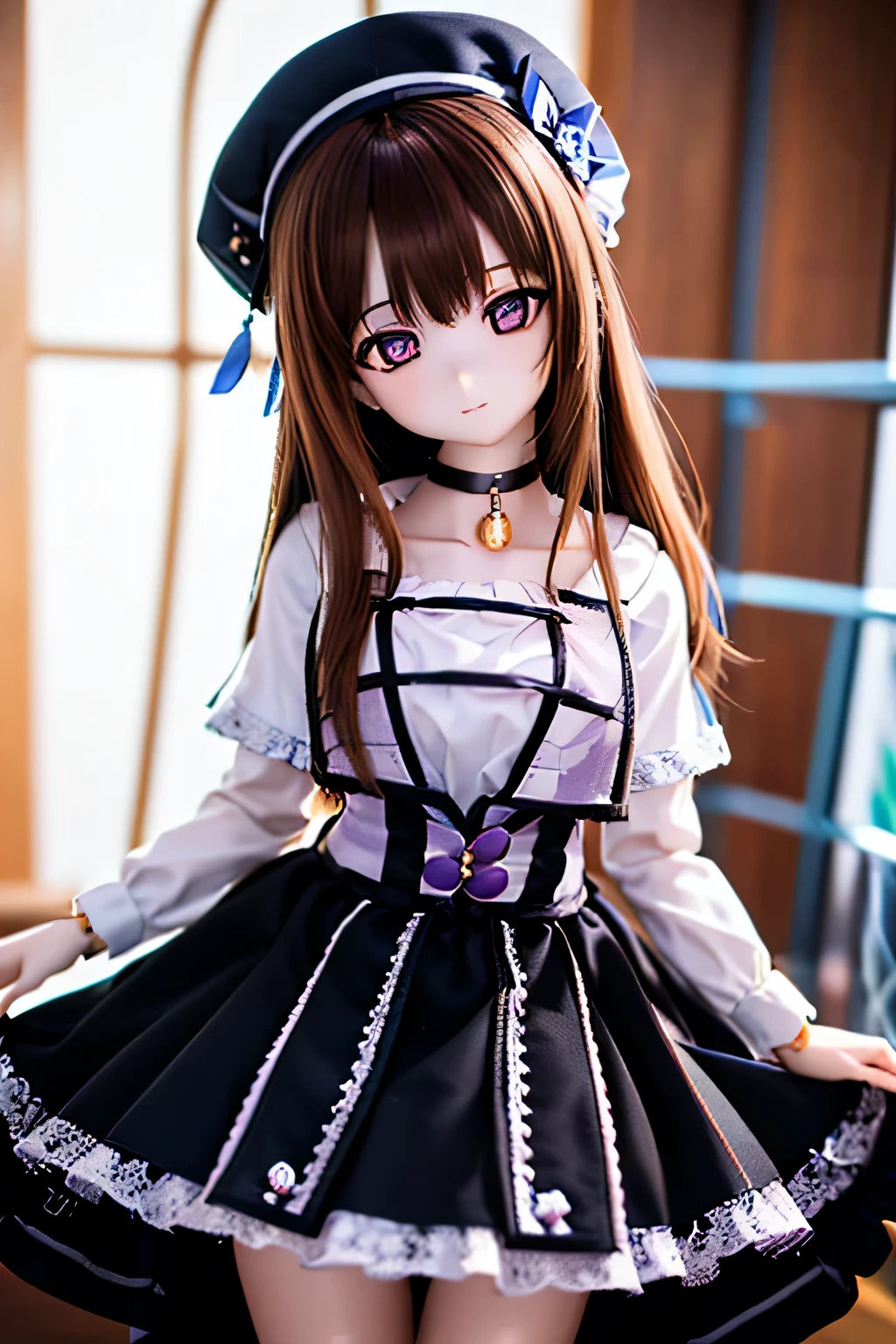 (SFW:2), photorealistic, realistic photo, 8k, Canon EOS, ((highest quality)), ((masterpiece)), (extremely detailed), dd, doll, idol dress, plastic skin, (squinted eyes:1.4), (mature woman, 21yo, 21 years old, solo:1.6), (cowboy shot, slim, skinny, slender, brown hair, long hair, hat, choker, half opened mouth, purple brown eyes, glass eyes, shining eyes, looking at viewer, detailed face:1.3)