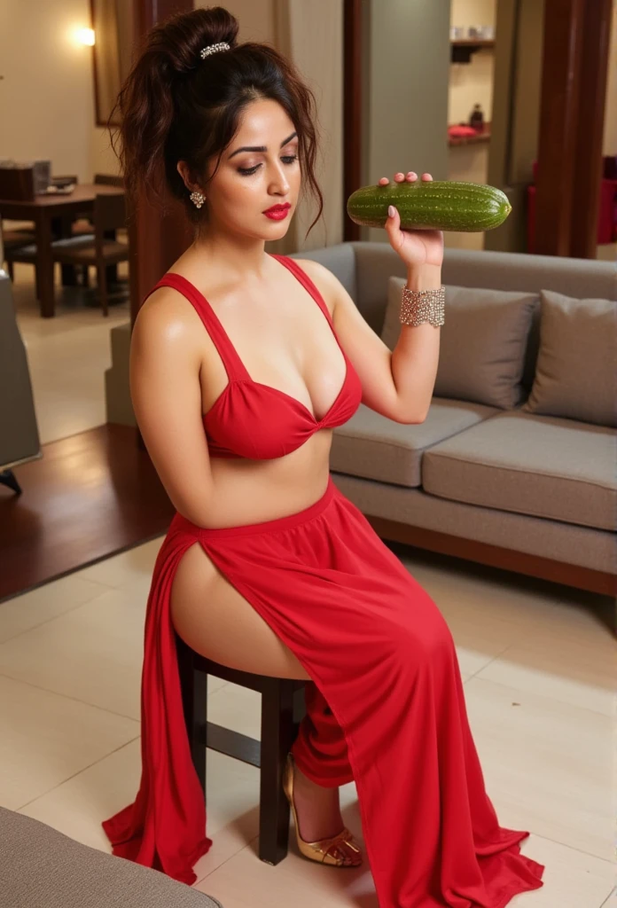 Full length Magazine Style Editorial Photography
of Indian women with fair skin diving into watermelon juice wearing green and red dress, watermelon slice and ice cubes all over her body, 12 mm lens, modern style photography.