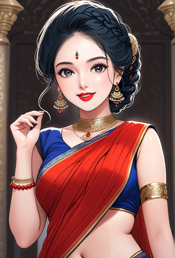 ((1woman, mature,single hair braid,saree, big long  jhumka earrings , detailed alluring eyes, smooth detailed lips, beautiful face, smiling ,red lipstick ,navel,bangles,blue ribbon,