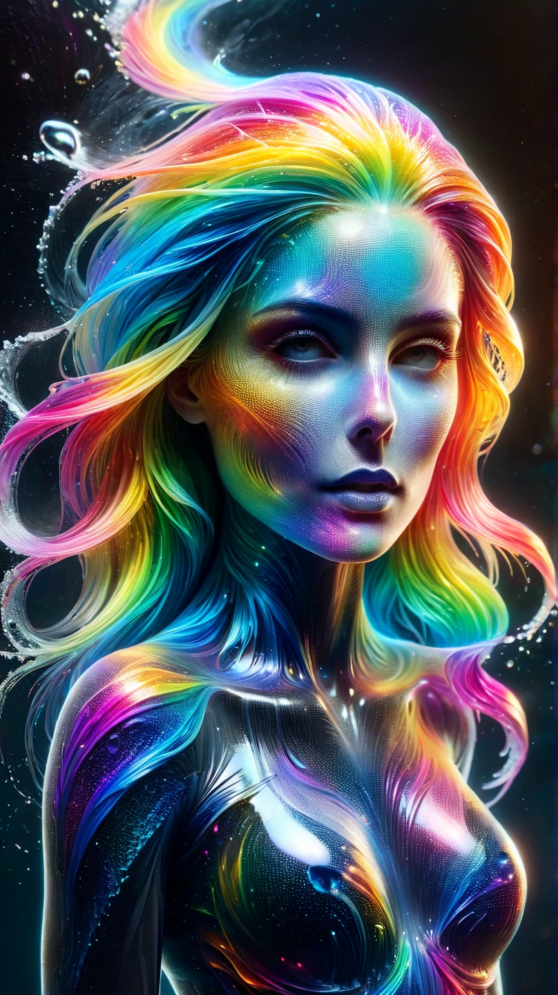   A fantastic image of an unearthly woman with flowing rainbow hair,  shimmers with all the colors of the rainbow , Her hair, reflecting light, , the blue inscription ,  at the bottom of the photo creating a magical and otherworldly atmosphere ,  The water around her shimmers with bright shades ,  emerging from the ocean waves at dusk  ,, ART POOL GROUP,,  cinematic composition, NO WATERMARK,  without text , without texture .,  unsigned Ultrarealistic concept art , orchid, skull, , bioluminescent creatures ,  intricate artwork ral-czmcrnbw g1h3r ral-3dwvz,  subsurface scattering, Photo realistic, Hyper realistic,  analog style ,  realistic,  film photography ,  soft lighting, heavy shadow,  Ombre neon pink color scheme , Neon blue, neon yellow,  neon green ,