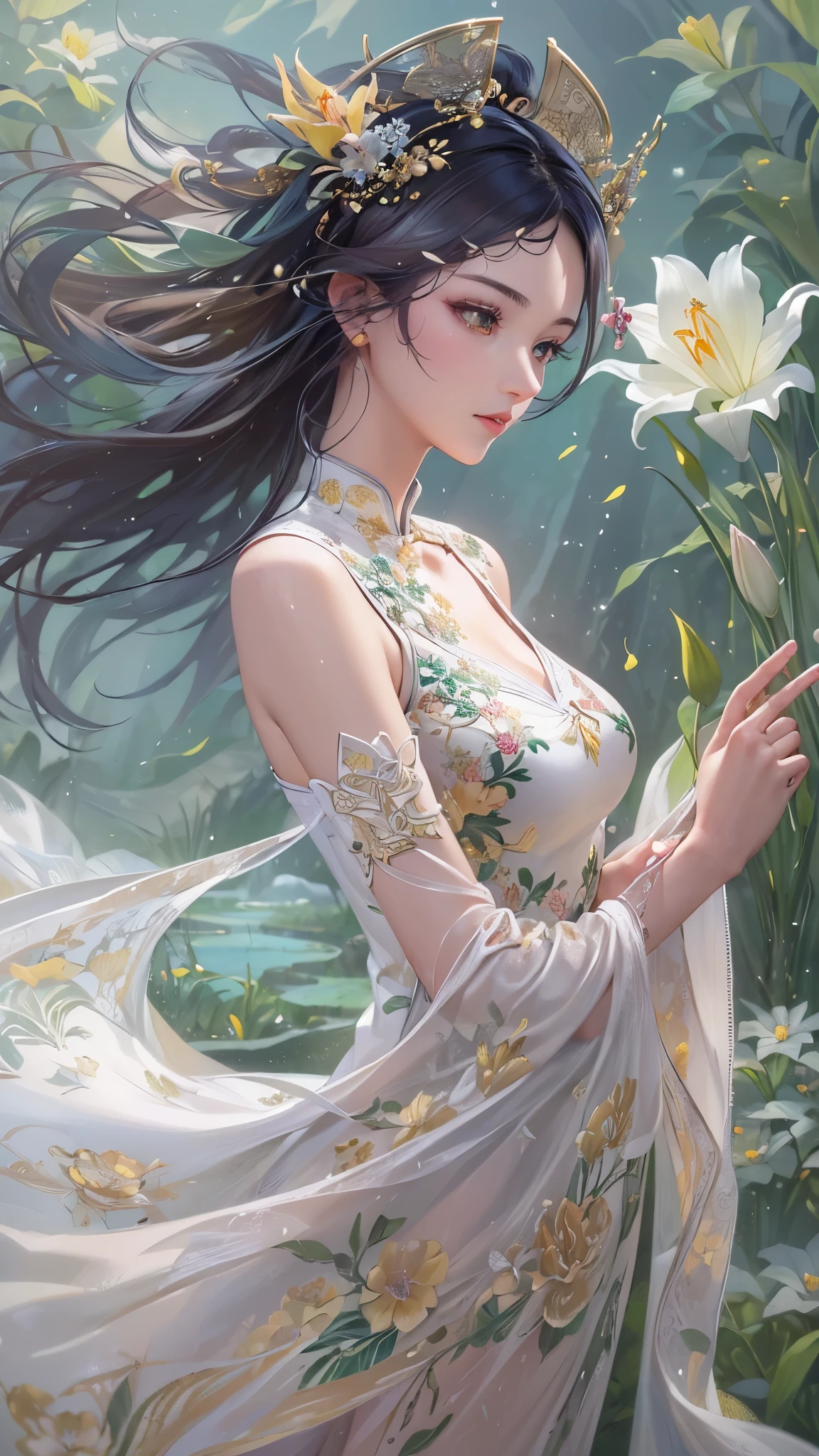 multiple exposure, masterpiece:1.2, highest quality, 16k, highres, ultra-realistic, photorealistic:1.37, beautiful detailed:1.2, cute girl, walking in a water lilies pond side,pond(colorful water lilies, full of water lilies), beautiful delicate elegant kimono with a water lilies motif, Beautiful and elegant pose, gently smile, beautiful delicate(hair, face, long eyelash, eyes, pupils, lips, hat, dress, water lilies, pond), sparkling eyes, shining rosy lips, blushed cheek, through bangs
