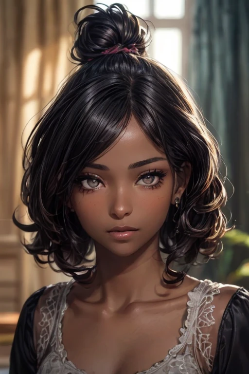 (masterpiece:1.3), (  top quality: 1.4), 
  cinematic writing  , 
( １ girls with light makeup),   beautiful face, (  realistic face), 
 (( beautiful hairstyle :1.6)) , ((Long Bob Hair:1.3, Curly Hair))
  Real Eyes ,   beautiful detailed eyes , 
(  real skin ),   Beautiful skin, 
(blouse), 
  absurd,  Charming, 
   Ultra High Resolution,   super real ,   very detailed, ((Dark skin tone:1.4))