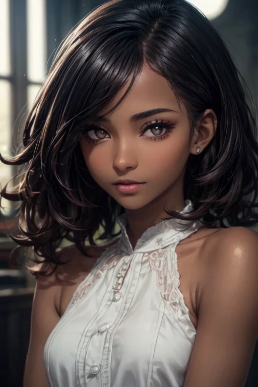 (masterpiece:1.3), (  top quality: 1.4), 
  cinematic writing  , 
( １ girls with light makeup),   beautiful face, (  realistic face), 
 (( beautiful hairstyle :1.6)) , ((Long Bob Hair:1.3, Curly Hair))
  Real Eyes ,   beautiful detailed eyes , 
(  real skin ),   Beautiful skin, 
(blouse), 
  absurd,  Charming, 
   Ultra High Resolution,   super real ,   very detailed, ((Dark skin tone:1.4))