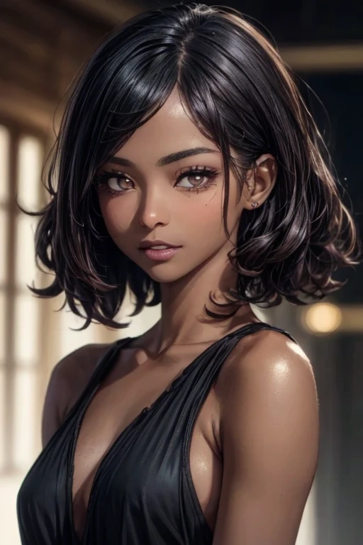 (masterpiece:1.3), (  top quality: 1.4), 
  cinematic writing  , 
( １ girls with light makeup),   beautiful face, (  realistic face), 
 (( beautiful hairstyle :1.6)) , ((Long Bob Hair:1.3, Curly Hair))
  Real Eyes ,   beautiful detailed eyes , 
(  real skin ),   Beautiful skin, 
(blouse), 
  absurd,  Charming, 
   Ultra High Resolution,   super real ,   very detailed, ((Dark skin tone:1.4))