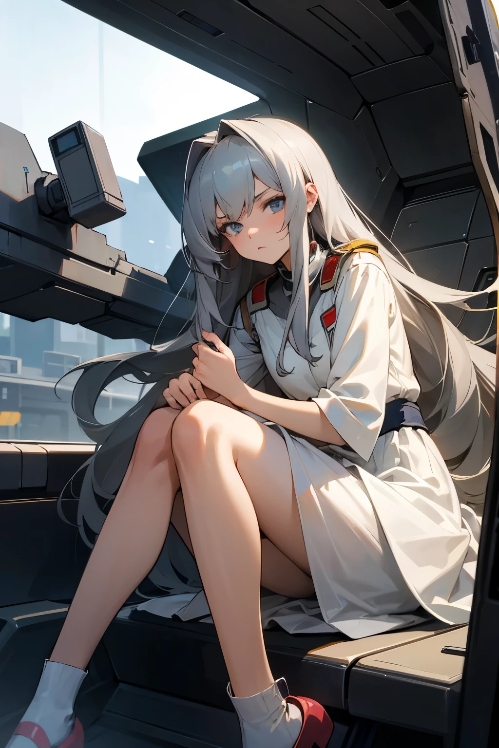 8k 壁纸，((tmasterpiece))，Royal Sister，(White waist-length hair)，God of the gods，dominate，Darkness and evil，There was a red mist around her，(Bare legged)，Handsome，Black booties，Black Empire uniform，(high and cold)，small detailed, Ultra detailed, Best quality, iintricate, (Close up)，Sit with your legs bent，(Sit on a huge machine platform)，Thin leg，Floating black tones，(Behind him is a huge war machine)，(The final showdown)，(Swarm machine background)，Line break timeline，Mechanical tentacles，