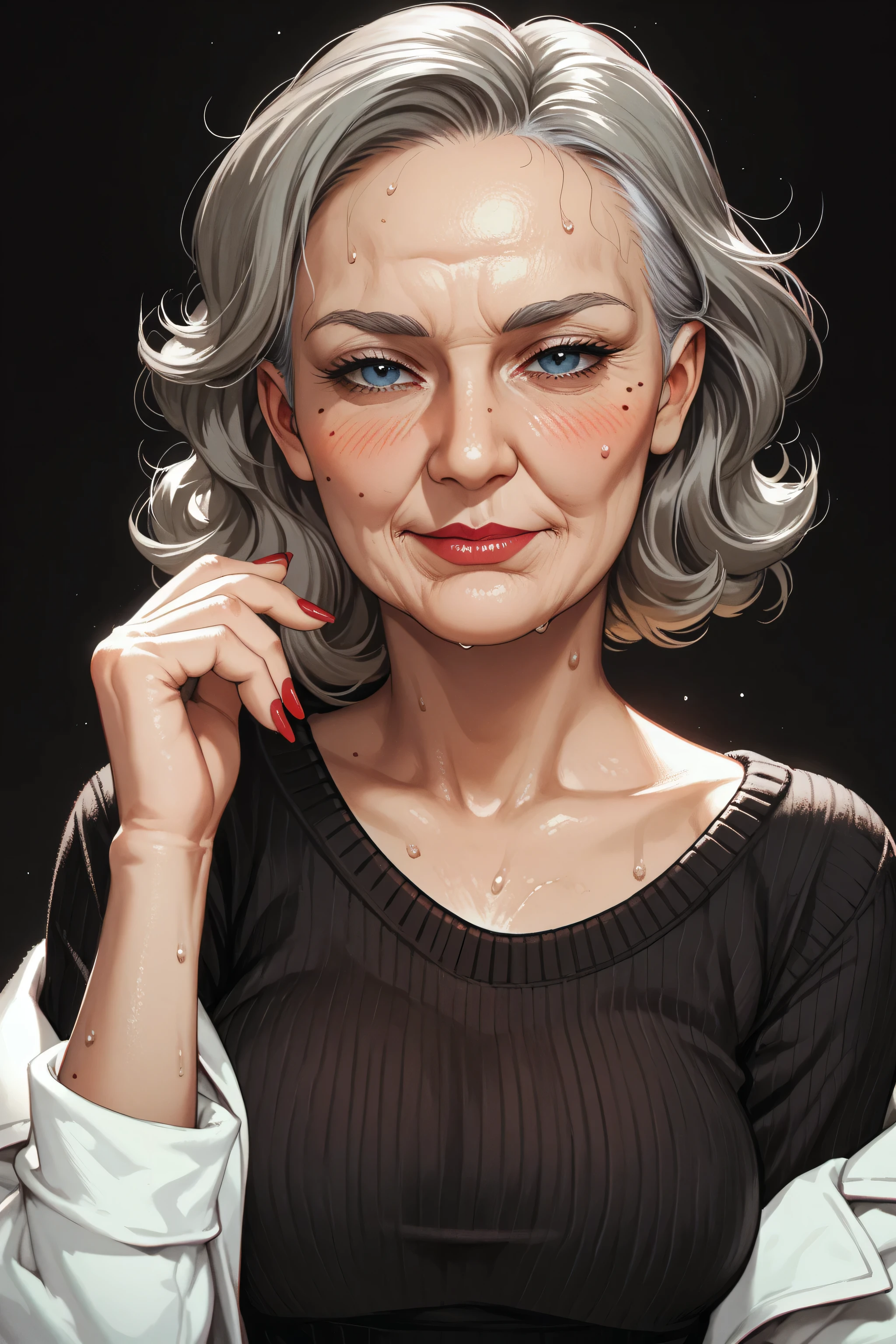 score_9, score_8_up, score_7_up, black background, elderly, woman, sweating, hands on breasts, red fingernails gray hair with brown streaks_shoulder length,t, lab coat around arms looking at viewer blushing, black high neck sweater, gray skirt, looking toat viewer, , carrie underwood
