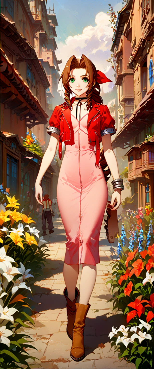 ((masterpiece), (best quality), (8k), (4k)), ((girl)), ((Final Fantasy VII), (Aerith Gainsborough)), ((brown hair), (high middle bang), (longer side curly bang), (long tight curly ponytail like braid)), ((green eyes), (red hair ribbon), (red bolero jacket), (short sleeve jacket), (cropped jacket), (black tie choker)), ((long pink straight dress), (brown boots), (bangles)), walking in a garden, flowers, detailed background, inspired by Asukaziye artist : ask, art style : ask