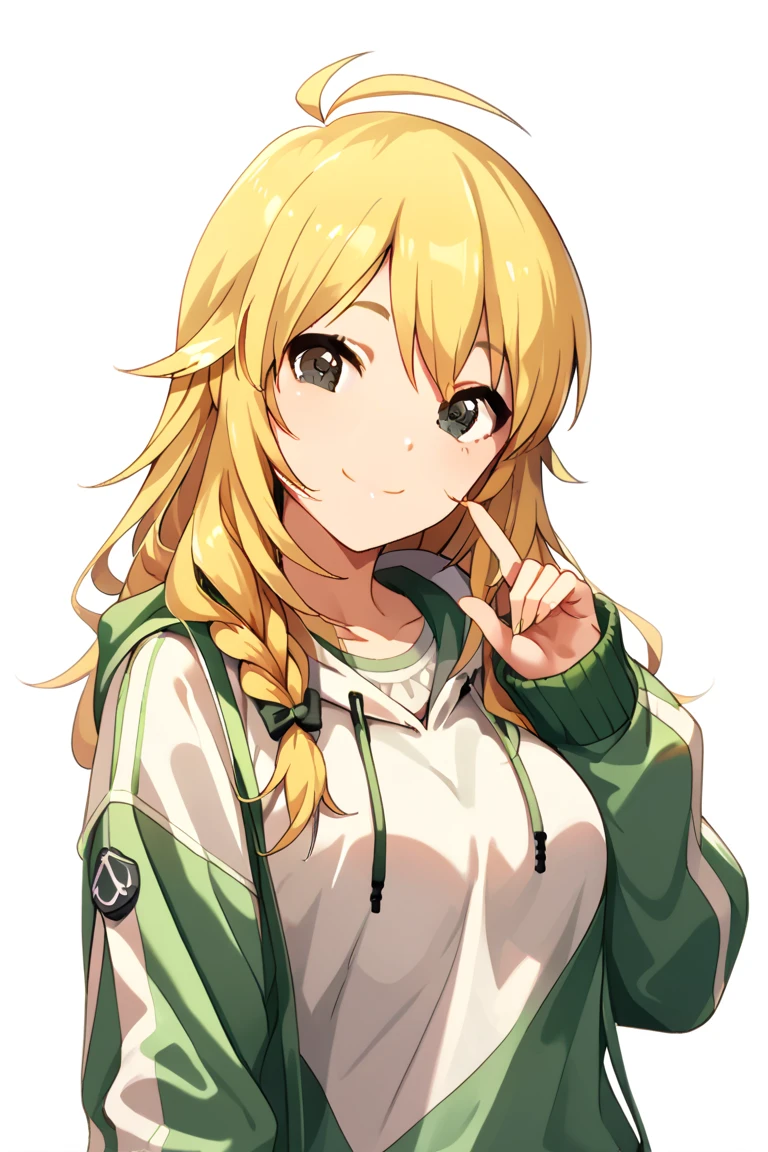 1girl, solo, 
hoshii miki, long hair, 
white background, simple background, braids hair, 
hoodie, short short,
(masterpiece、Highest quality、Very detailed)), One girl, Breasts, smile, looking viewer,