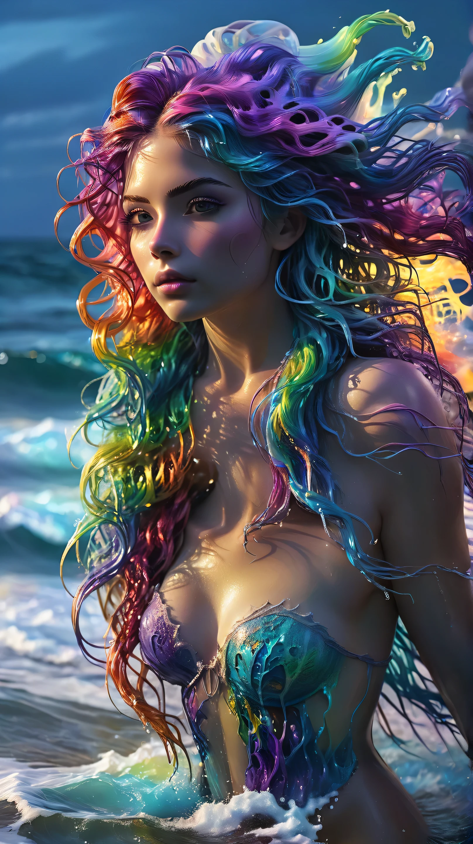 A fantastic image of an unearthly woman with flowing rainbow hair emerging from the ocean waves at dusk, her hair reflecting the light, shimmer with all the colors of the rainbow, creating a magical and otherworldly atmosphere, the water around her shimmers with bright shades, at the bottom of the photo is an inscription with blue shades ,, ART POOL GROUP,, cinematic composition, without watermarks, without text, without texture., without caption