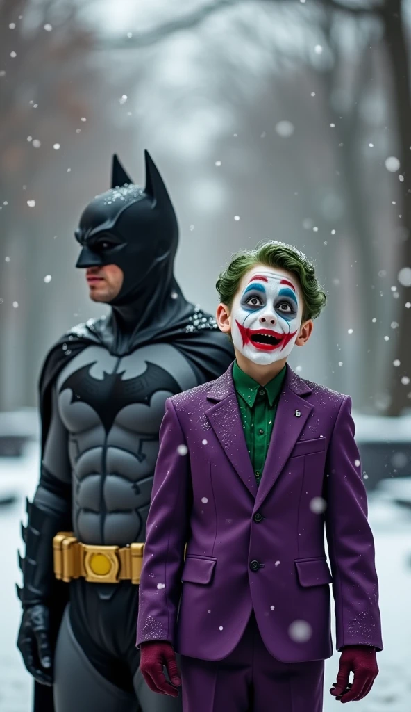  Joker and Batman are depicted in an unusual and unsettling scene where they are bullying and laughing at a . Joker, dressed in his colorful outfit with his signature menacing grin, laughs in a disturbing manner, while Batman, in his traditional black suit, joins in the mockery. The child appears distressed or upset, while Joker and Batman’s expressions reflect a sense of cruel amusement. The overall atmosphere of the image combines the unsettling and bizarre, featuring two iconic characters in a scenario marked by ridicule and insensitivity.