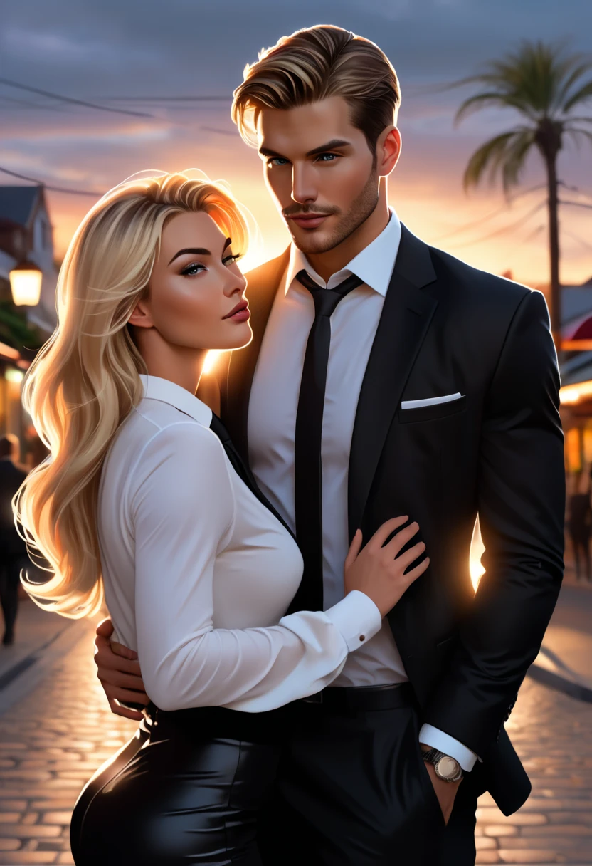 A tall, handsome, statuesque, courageous, adult man is platinum blond, he is a biker, he is wearing a motorcycle jumpsuit, he has long straight platinum hair, tanned skin, blue eyes, long bangs, he is sitting astride a motorcycle and holding a backer suit, he is hugged by an incredibly beautiful young femme fatale-blonde, she is wearing a summer sundress that emphasizes her perfect figure, long golden hair is gathered in a beautiful hairstyle. They are in love with each other. Realistic image.