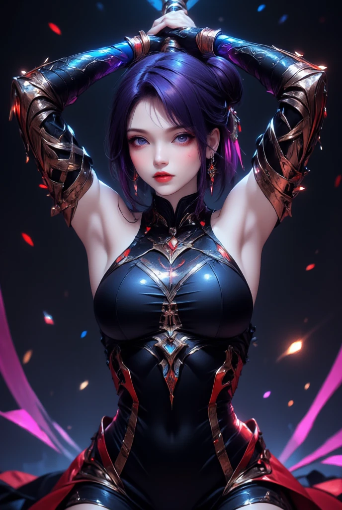 A girl with white hair, high ponytail hairstyle, ((((sports bra))), succubus tattoo on lower abdomen, tight low waist, shorts, pantyhose, full body photo, happy laughter, shyness, seductive expression, peach heart in the eyes, (eye details portrayal), sexy long legs, thin waist, sweat drops on the waist, revealing the lower abdomen, succubus tattoo extreme detail portrayal, ice and fire wings, dark lock method, 2D blush, crazy, fangs, drooling, pink hair, asymmetric bangs, see-through outfit, hands on thighs, look away, 8k resolution, Raised eyebrows, shiny hair, head flowers, wristbands, bandages