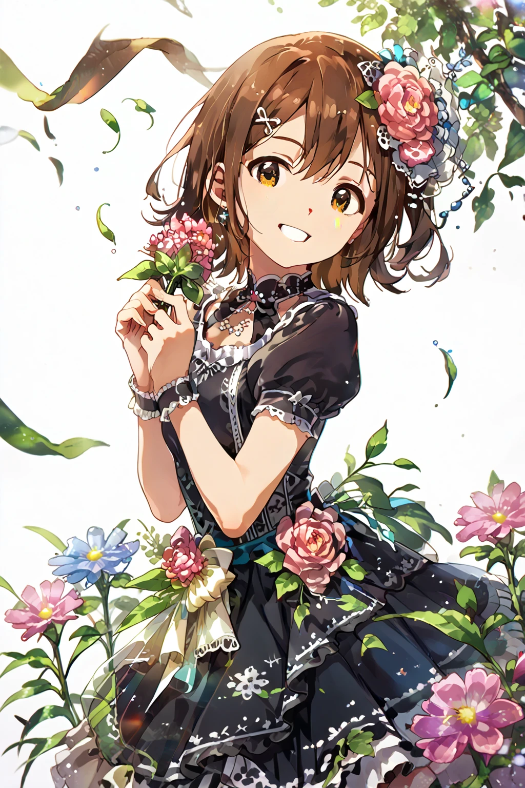 1girl, solo,
kasuga mirai, brown hair, brown eyes, short hair, 1girl, flower, solo, hair ornament,
black dress, jirai fashion, white background, simple background,
(masterpiece、Highest quality、Very detailed)), One girl, open mouth, smile, looking viewer,