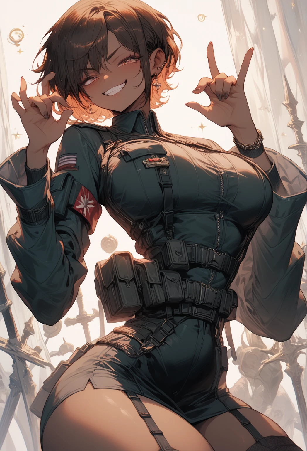 big breasts, thick thighs, black skin, short brown hair, military outfit, smug