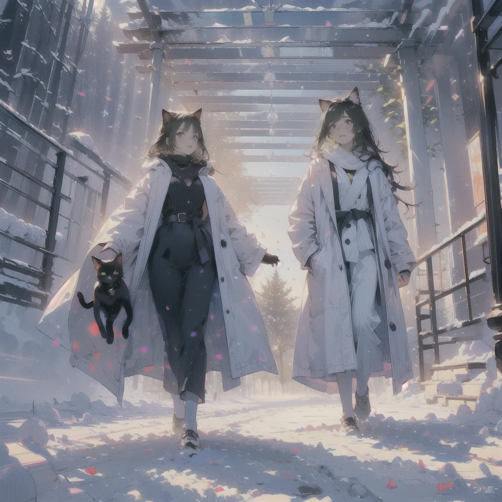 ((masterpiece:1.2)), (( top quality :1.2)),  1 woman ((Cat ears,  white long coat ,  long black hair , snowの降る道を歩いている, [Cat ears:1.4])), (gentle eyes and face ), ( black cat walking on a snowy road walking with a woman:1.5), ((whole body:1.3)), background\(Beautiful Dawn , The sun rises between buildings in the distance, European architecture , :1.3), (Watercolor), (Soft layer, Wide range of colors), (deep, gentle color), Full of hope,  Her reflection blends into the nature around her, ( natural light:1.3), snow, snow, snow, light,  sparkling glitter , Multiple Exposure, It emits rainbow-colored light