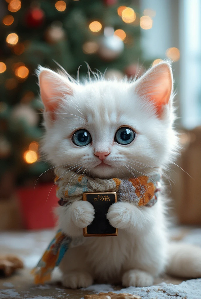 White kitten、blue eyes、 wearing a scarf around her neck 、 has a cell phone、 A Christmas tree in the background 、