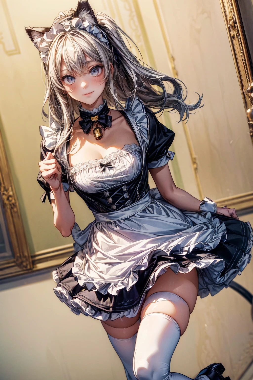 ((  Masterpiece  , top quality, 超 high definition,  high definition))、 One Woman 、French Maid、 miniskirt、 cat ear headband、 choker with bell、White tights、 absolute domain、 loafers without pants、The horizontal striped panties are slightly visible、 cat tail、A bright maid cafe、Open Cafe、Carrying a parfait 、smile、Striped pants