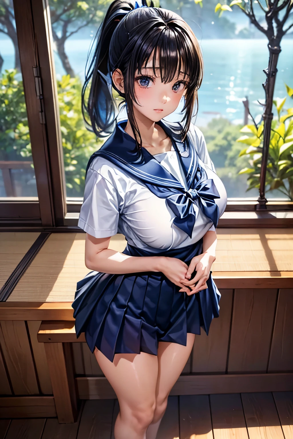 (masterpiece:1.2, highest quality), (realistic, photorealistic:1.4), beautiful illustrations, (natural side lighting, movie lighting), beautiful thighs, Front view, 1 girl, high school girl, 15 years old, perfect face, Cute symmetrical face, shiny skin, Random color sailor suit、
(random hairstyle、blonde), Big eyes, long eyelashes chest), thin, expensive、
beautiful hair, beautiful face, fine and beautiful eyes, beautiful clavicle, beautiful body, beautiful breasts, beautiful thighs, beautiful feet, beautiful fingers, 
((High-quality fabric, sailor suit, navy pleated skirt)), 
(beautiful scenery),Are standing, (smile, Superior, open your mouth),  (((skirt lift, Panties and pantyhose are visible)))