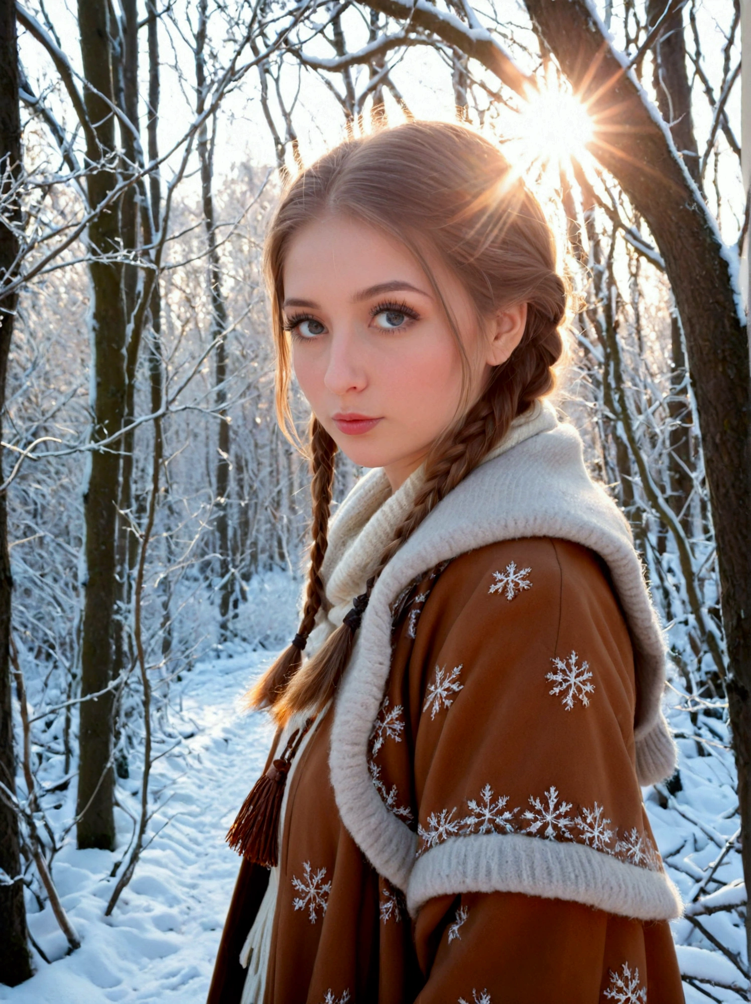  Beautiful overweight Snow Maiden , she has a braid ,  looks straight ,  sensual facial expression ,  stands in a snowy forest ,  wearing winter clothes, a coat and a long skirt ,  I can see the whole body , , the rays of the sun break through the branches of the trees, frost on the branches , ( better quality ,4K,8k, highres icon, masterpiece fails:1.2), ultra-detailed ,( realistic,фото realistic,фото realistic:1.37), Detailed eyes ,detailed lips, extremely detailed face , long eyelashes ,lush vegetation,snowflakes,frost on tree branches, warm lighting , 3D render ,