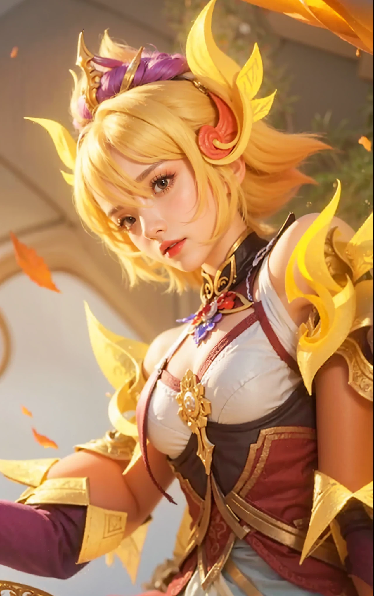 young attractive sexy japanese girl, 18 years old, cute baby face, blue eyes, ((gold bracelet)),(gold ring on hand), (gold ring on body), ((gold wing on back)), Big Breasts, Light yellow hair, ponytail Hair, Earrings, (warrior of dynasty castle), (dynasty warrior), 8k, Highest quality, masterpiece,Highest quality