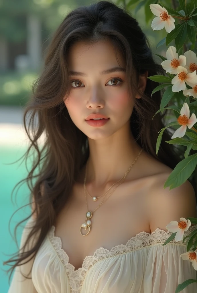(best quality,4k,8k,highres,masterpiece:1.2), ultra-detailed, (realistic,photorealistic,photo-realistic:1.37), HDR, UHD, studio lighting, extreme detail description, professional, vivid colors, bokeh, portraits, landscape, photography, concept artists, Balinese woman, mature, beautiful detailed eyes, beautiful detailed lips, long eyelashes, exotic beauty, passionate encounter, younger man, sensuality, allure, enchanting surroundings, Bali, tropical paradise, lush greenery, crystal clear waters, vibrant flowers, traditional Balinese architecture, warm sunlight, gentle sea breeze, romantic atmosphere, traditional Balinese costumes, intricate patterns and designs, tender embraces, intense gazes, genuine connection, the sound of waves crashing, colorful sarongs flowing, cultural fusion, harmonious blend of love and nature.
