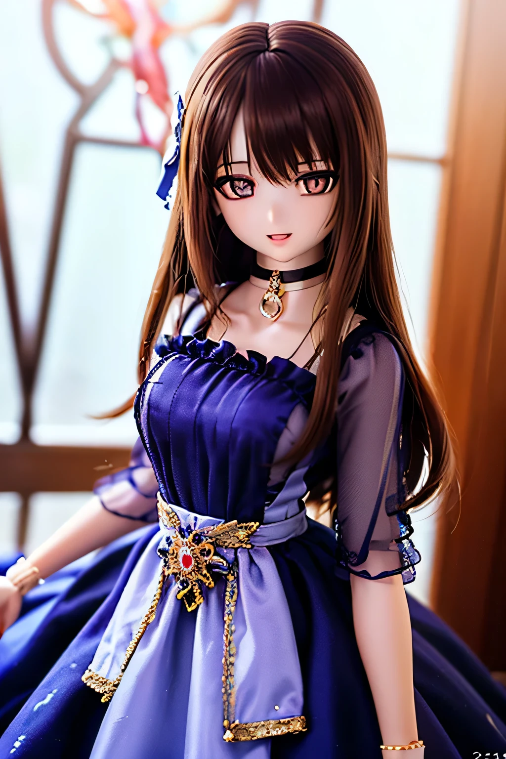 (SFW:2), photorealistic, realistic photo, 8k, Canon EOS, ((highest quality)), ((masterpiece)), (extremely detailed), dd, doll, idol dress, plastic skin, slim, skinny, slender, (squinted eyes:1.4), (mature woman, 21yo, 21 years old, solo:1.6), (cowboy shot, brown hair, long hair, hair ornament, evening dress, choker, half opened mouth, purple brown eyes, glass eyes, shining eyes, looking at viewer, detailed face:1.3)