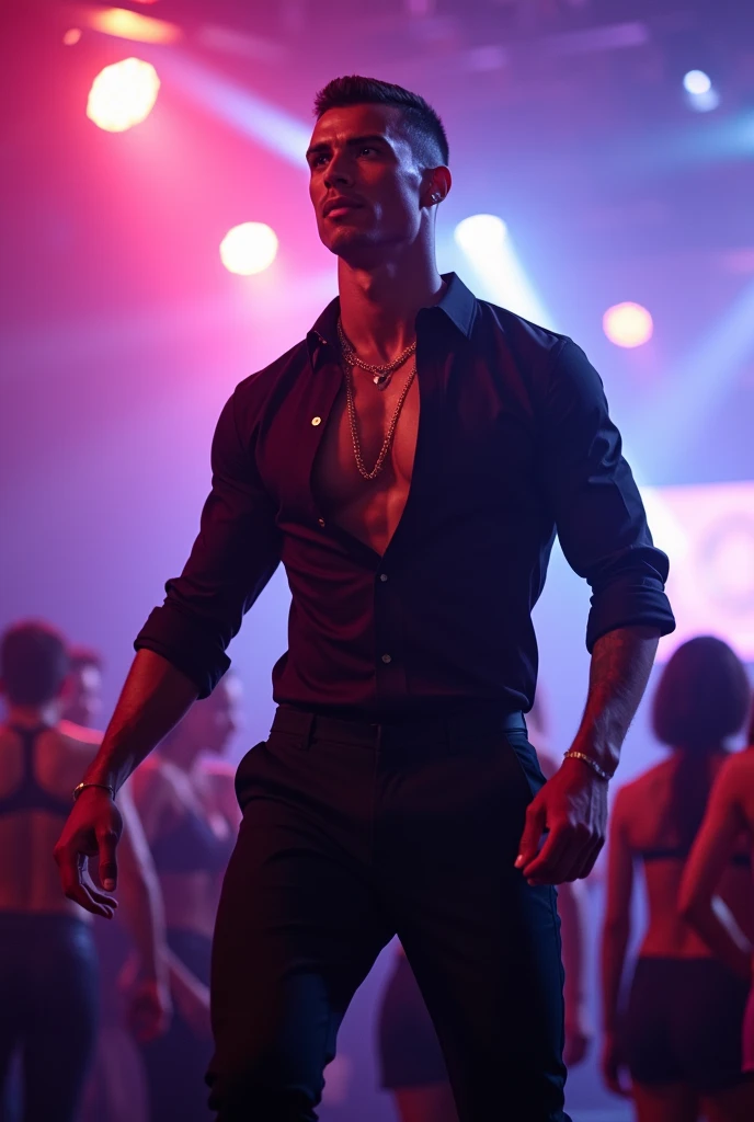 muscular Vin Diesel,shirtless,holding sparklers,party scene,night time,colorful lighting,dynamic pose,crowd in background,neon lights,confetti,disco ball,upbeat music,high energy
