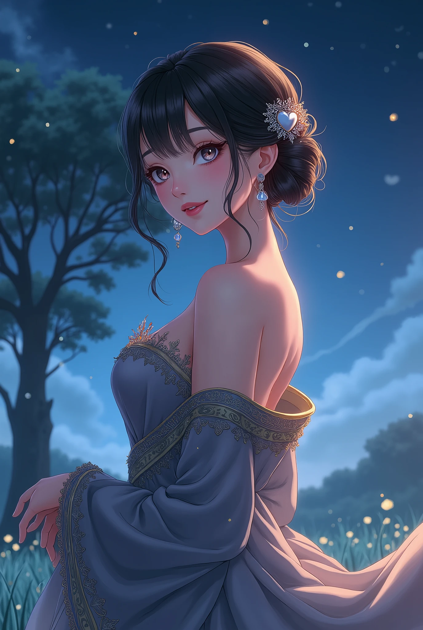 animeの彼女は華麗な美しさの女性, White skin with delicate features , A slightly pulled back angle, Heart shaped face,  Her clear, silver-like eyes ,  Long Black Lashes ,  elegant ,  cherry red lips , smile,  She has a curvy figure with a thin waist and rich breasts,  hairstyle is dark brown straight hair , earrings, necklace, Bejeweled bun, Heart shaped face opening slightly above the armeria-colored robe ,  gold details on the edge , , Night Sky,  starry sky , grassland, Large tree, Thick Fog, (anime)