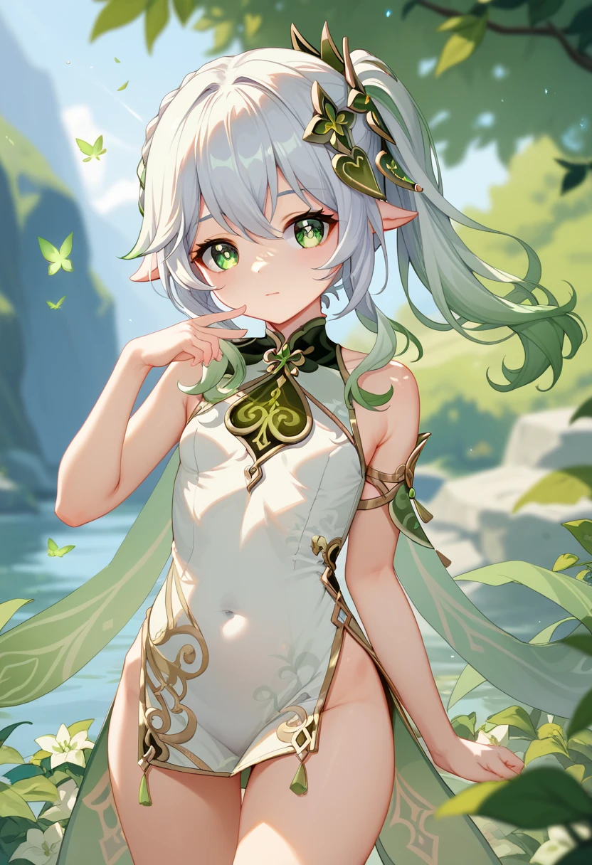 naked, nude, vagina, , outside, flat chest, eight years old, open mouth, happy, smiling, sunny, happy, bright sunlight, grass, pointy ears, hair ornament, white hair, green hairstreak, from below, side ponytail, masterpiece, best quality