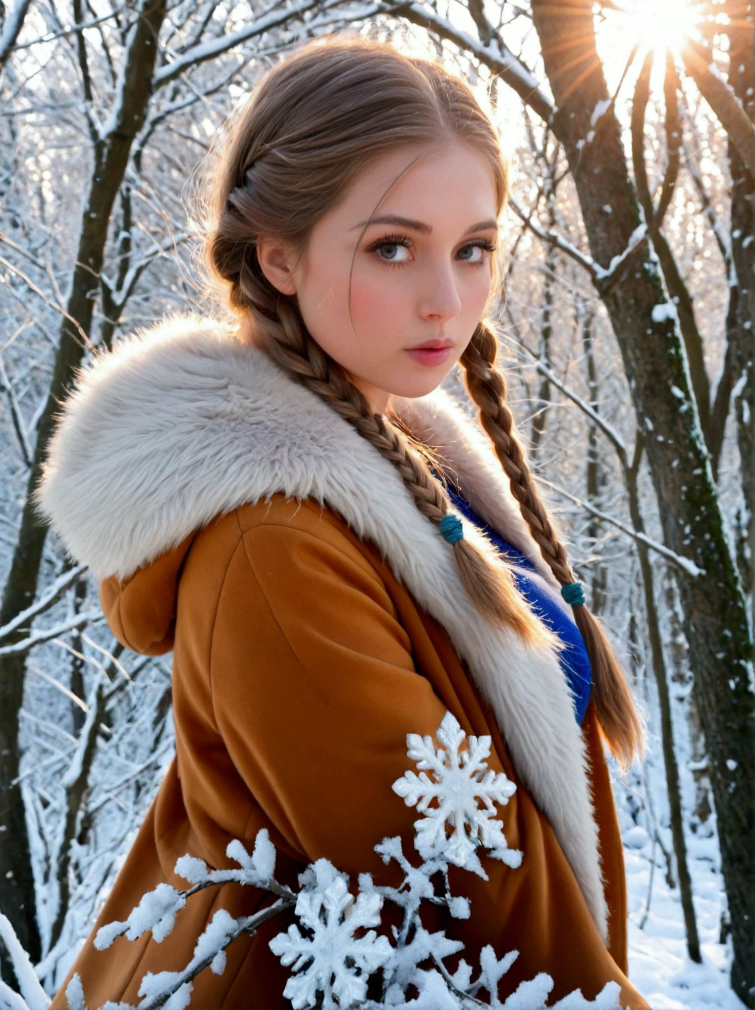  Beautiful overweight Snow Maiden , she has a braid ,  looks straight ,  sensual facial expression ,  stands in a snowy forest , wearing winter clothes, a coat and a long skirt,  I can see the whole body , , the rays of the sun break through the branches of the trees, frost on the branches , ( better quality ,4K,8k, highres icon, masterpiece fails:1.2), ultra-detailed ,( realistic,фото realistic,фото realistic:1.37), Detailed eyes ,detailed lips, extremely detailed face , long eyelashes ,lush vegetation,snowflakes,frost on tree branches, warm lighting , 3D render ,