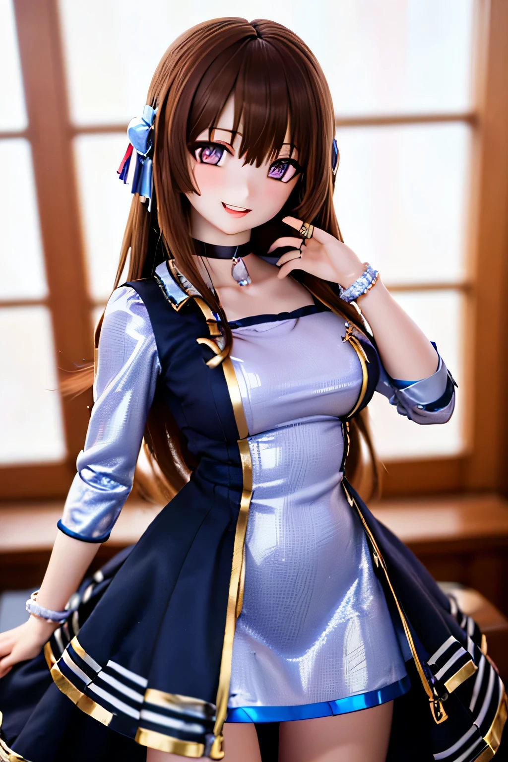 (SFW:2), photorealistic, realistic photo, 8k, Canon EOS, ((highest quality)), ((masterpiece)), (extremely detailed), dd, doll, idol dress, plastic skin, slim, skinny, slender, (squinted eyes:1.4), (mature woman, 21yo, 21 years old, solo:1.6), (cowboy shot, brown hair, long hair, hair ornament, bodycon dress, choker, seductive smile, half opened mouth, purple brown eyes, glass eyes, shining eyes, looking at viewer, detailed face:1.3)