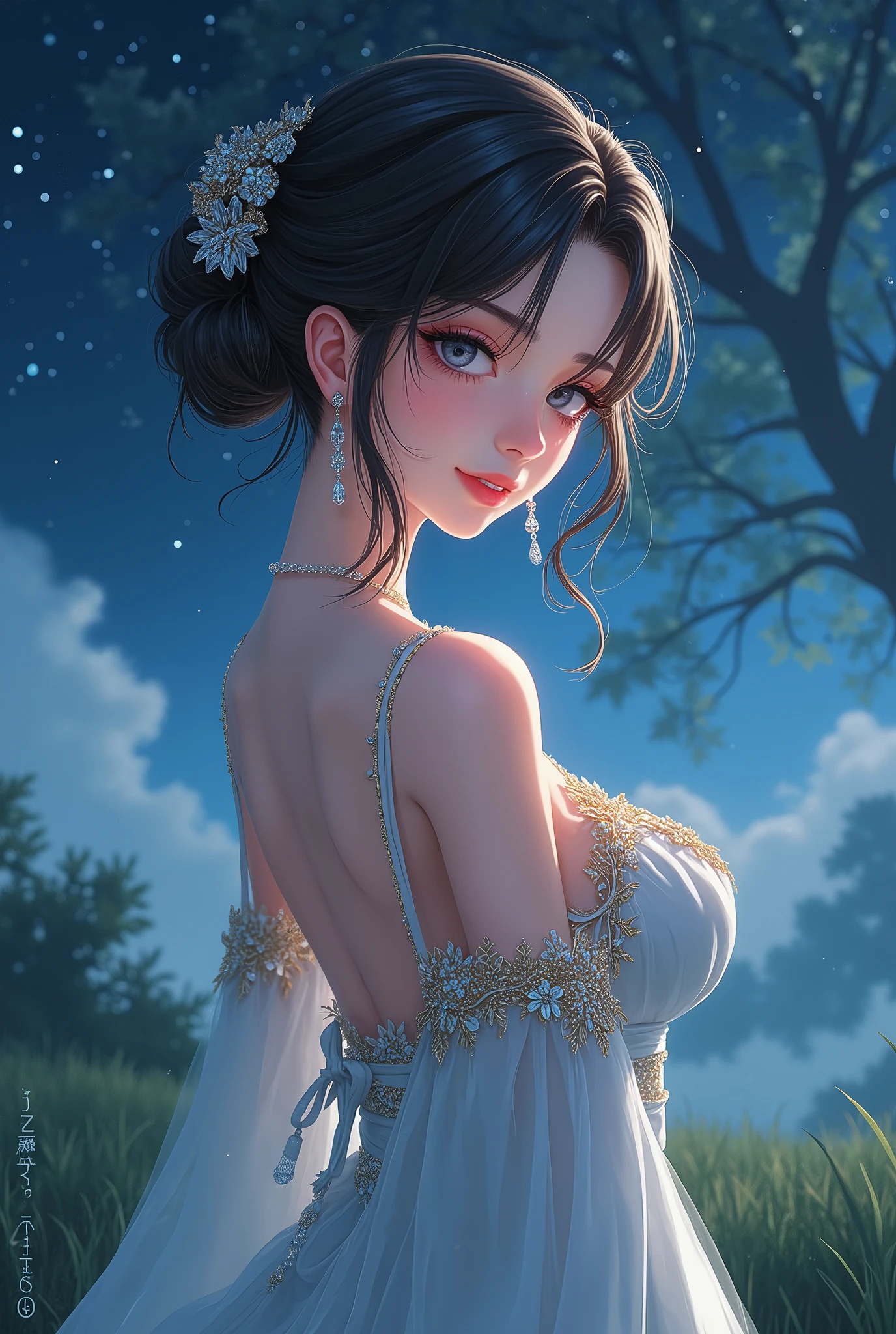 animeの彼女は華麗な美しさの女性, White skin with delicate features , A slightly pulled back angle, Heart shaped face,  Her clear, silver-like eyes ,  Long Black Lashes ,  elegant ,  cherry red lips , smile,  She has a curvy figure with a thin waist and rich breasts,  hairstyle is dark brown straight hair , earrings, necklace, Bejeweled bun, Heart shaped face opening slightly above the armeria-colored robe ,  gold details on the edge , , Night Sky,  starry sky , grassland, Large tree, Thick Fog, (anime)