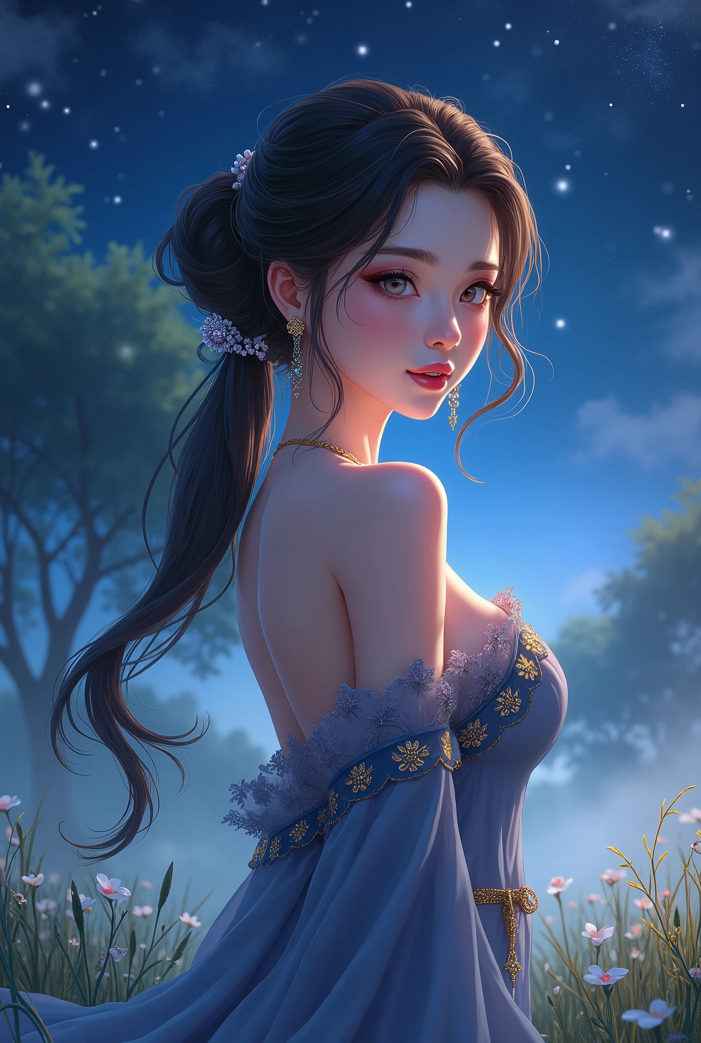 animeの彼女は華麗な美しさの女性, White skin with delicate features , A slightly pulled back angle, Heart shaped face,  Her clear, silver-like eyes ,  Long Black Lashes ,  elegant ,  cherry red lips , smile,  She has a curvy figure with a thin waist and rich breasts,  hairstyle is dark brown straight hair , earrings, necklace, Bejeweled bun, Heart shaped face opening slightly above the armeria-colored robe ,  gold details on the edge , , Night Sky,  starry sky , grassland, Large tree, Thick Fog, (anime)