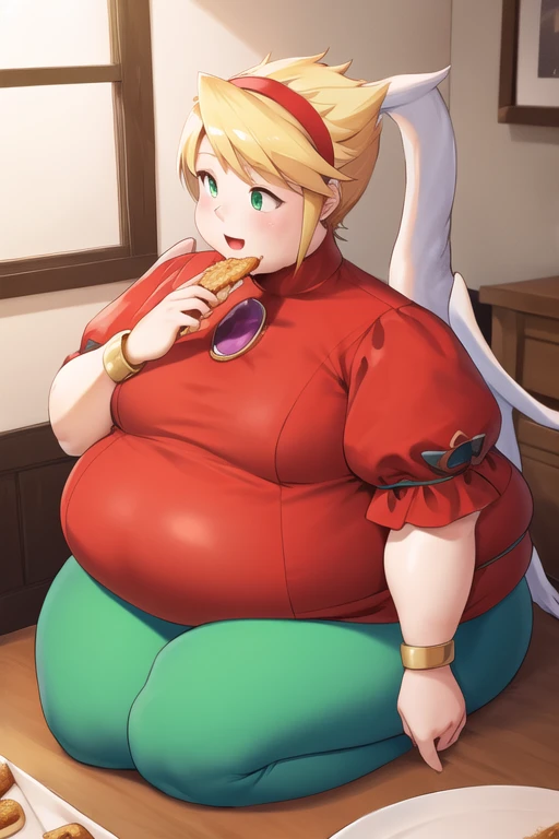 masterpiece, best quality, highres, ccnina(obese figure:1.5), blonde hair, short hair, (floating hair:1.1), hairband, green eyes, white wings,With big and fat body, feathered wings, red dress, brooch, puffy sleeves, bracelet, Clothing that fits your body, smile, eating, pizza, indoor, sitting, upper body plus, open mouth,(clothes that fit your big, fat body size).