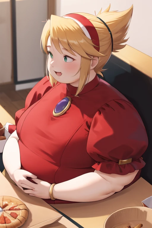 masterpiece, best quality, highres, ccnina(obese figure:1.5), blonde hair, short hair, (floating hair:1.1), hairband, green eyes, white wings,With big and fat body, feathered wings, red dress, brooch, puffy sleeves, bracelet, Clothing that fits your body, smile, eating, pizza, indoor, sitting, upper body plus, open mouth,(clothes that fit your big, fat body size).