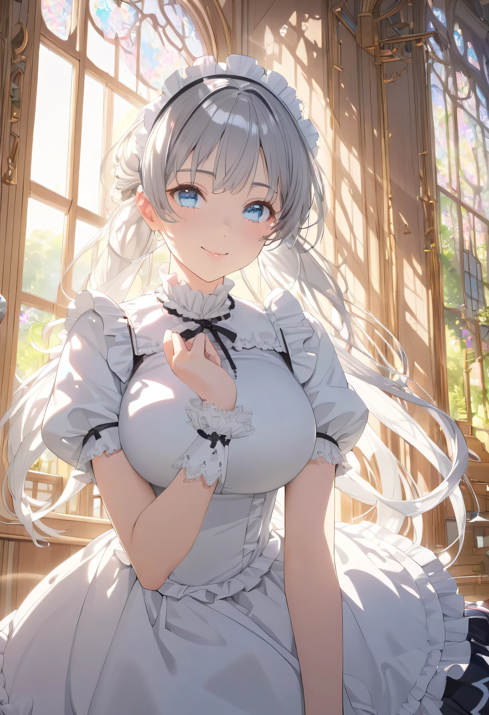 ((moe anime character)),  ((nsfw)),  ((exposed breasts)),  ((ultra-detailed)),   (highly detailed CG illustration),  (best quality:1.2),  ultra-,highly detailed,  colorful composition, artistic photoshoot, 1girl, solo focus,  ((thigh to top:1.4)), ((cowboy shot:1.4)), cute maid girl, dainty facial structure, small baby face, rounded chin, (ideal ratio body proportions), (wearing oval glasses with a lightweight metal frame), in seireigensouki style, wearing a frilly maid outfit,  (silver hair color:1.3), twintail hair, ((blue droopy eyes:1.4)),  pink cheek,  blush,  pale pink lips,  ((curvy upper arm:1.4)),  revealing breastless clothes french maid uniform, maid headdress, pure white lace panties,  look at the viewer as if you were looking at someone you love,  standing by the window in a room decorated in rococo style, portrait, depth of field, soft lighting, sidelighting, (shine), lighting, caustics, ray tracing, (smile), perfect face, lustrous skin, highly  detailed face, highly detailed eyes, perfect face, perfect nose, perfect hair, perfect eyes, perfect anatomy, beautiful hair, beautiful small face, extremely detailed face, beautiful detailed eyes, beautiful clavicle, beautiful body, beautiful huge breasts, leavage, breasts squeezed together, equalize the size of the left and right breasts, small pale pink nipples,  beautiful thighs,  beautiful legs, beautiful fingers, lovely, (very detailed background:1.0), (highly detailed background:1.0), spring aesthetic, intricate details, joyful atmosphere, spring colors palette, chromatic aberration