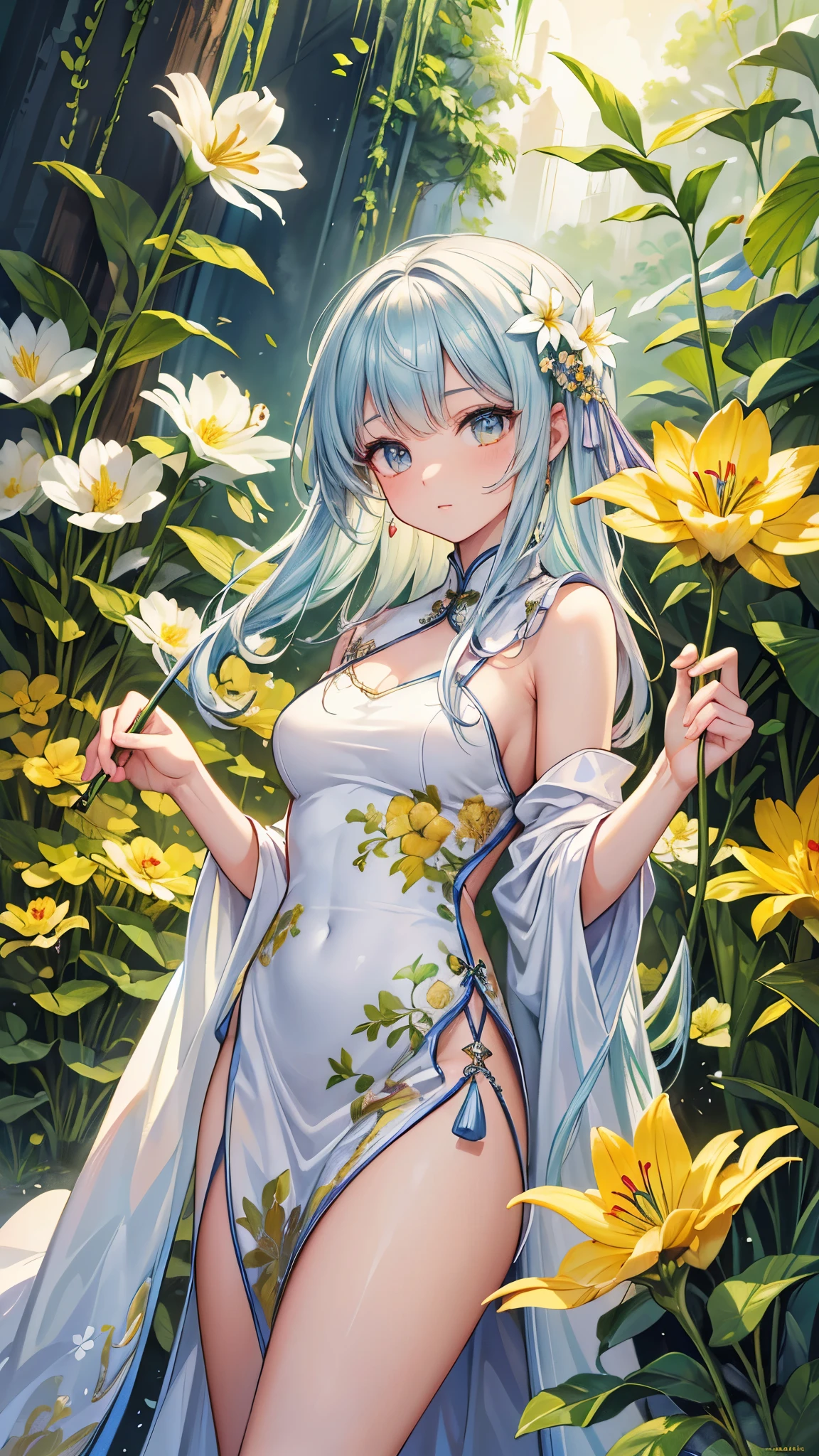 A goddess of love in her small garden, She is surrounded by beautiful flowers, Little angels and fairies accompany her. Su mirada revisa la dulzura, Se viste de forma luminosa y vaporosa. Su cuerpo es esbelto y espectacular. ((pechos grandes)) (cuerpo fitness)