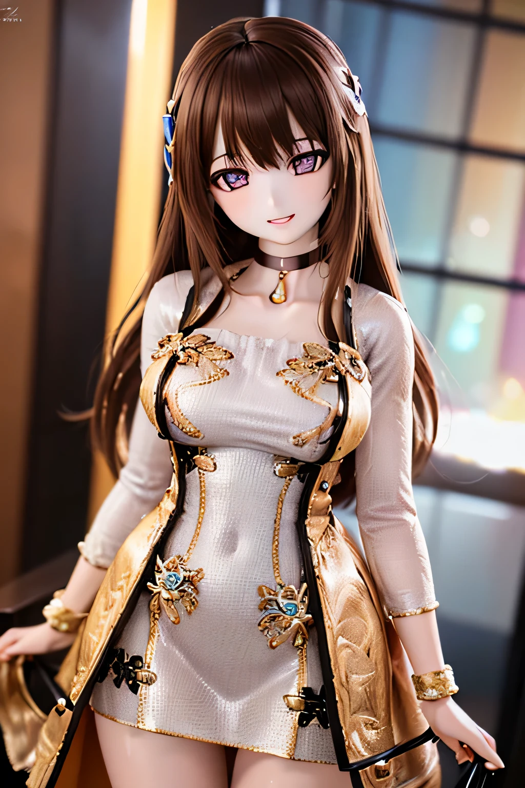 (SFW:2), photorealistic, realistic photo, 8k, Canon EOS, ((highest quality)), ((masterpiece)), (extremely detailed), dd, doll, idol dress, plastic skin, slim, skinny, slender, (squinted eyes:1.4), (mature woman, 21yo, 21 years old, solo:1.6), (cowboy shot, brown hair, long hair, hair ornament, bodycon dress, choker, seductive smile, half opened mouth, purple brown eyes, glass eyes, shining eyes, looking at viewer, detailed face:1.3)